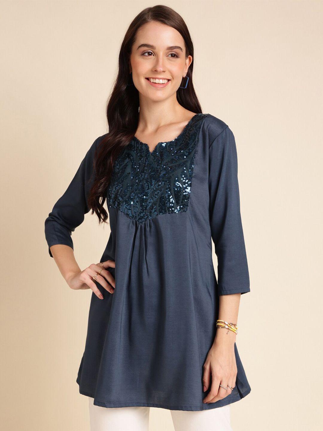 here&now teal blue sequinned embellished a-line top