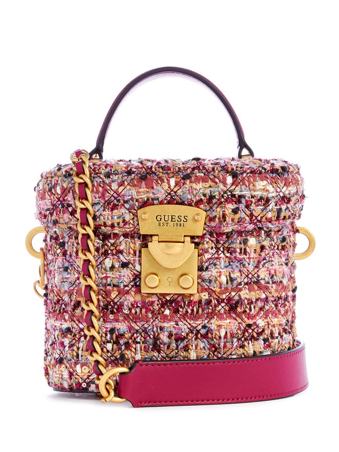 guess woven design structured satchel with quilted detail