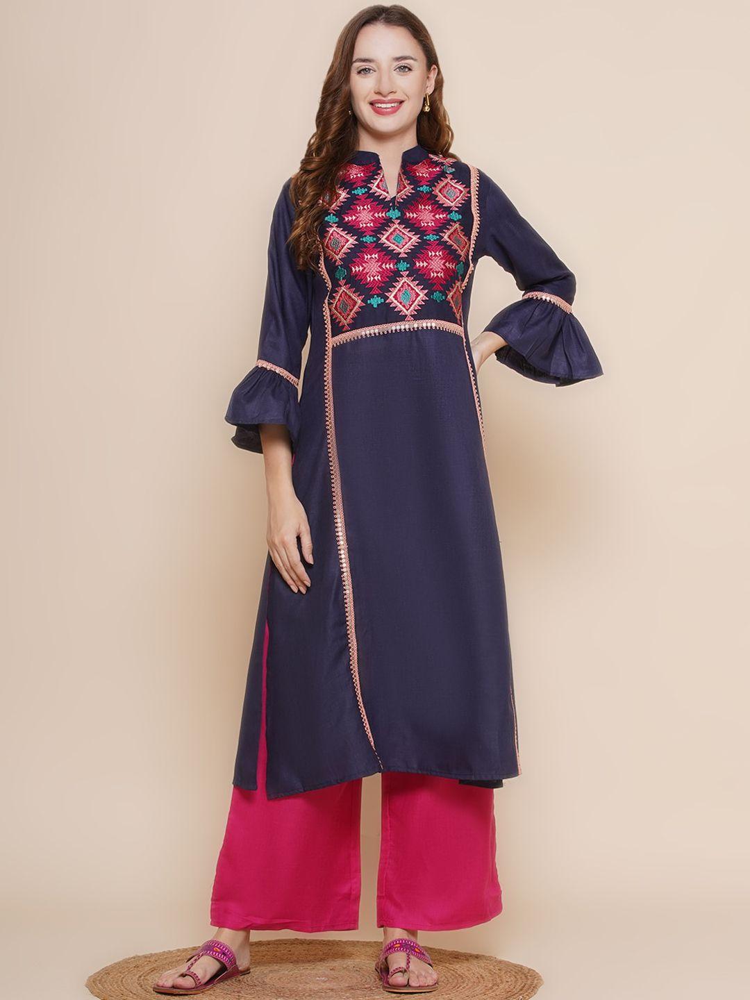 bhama couture geometric embroidered regular kurta with palazzos