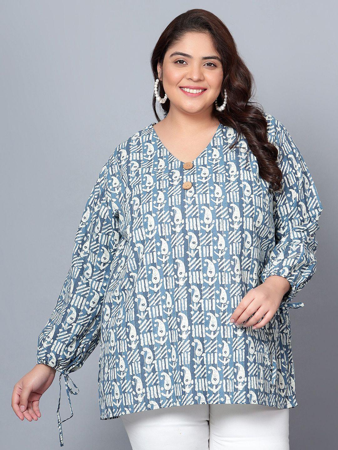 indietoga blue print puff sleeve ethnic cotton top