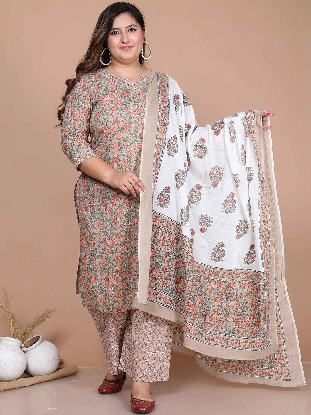 miravan plus size floral printed pure cotton straight kurta & palazzos  with dupatta