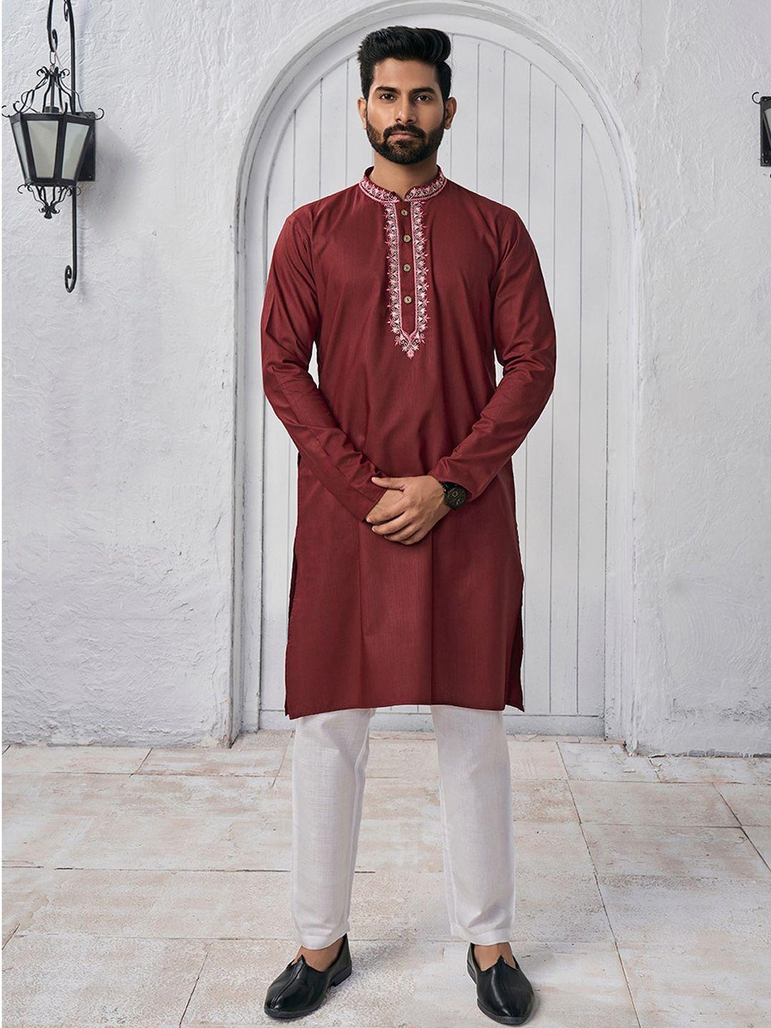 inddus yoke design embroidered mandarin collar kurta