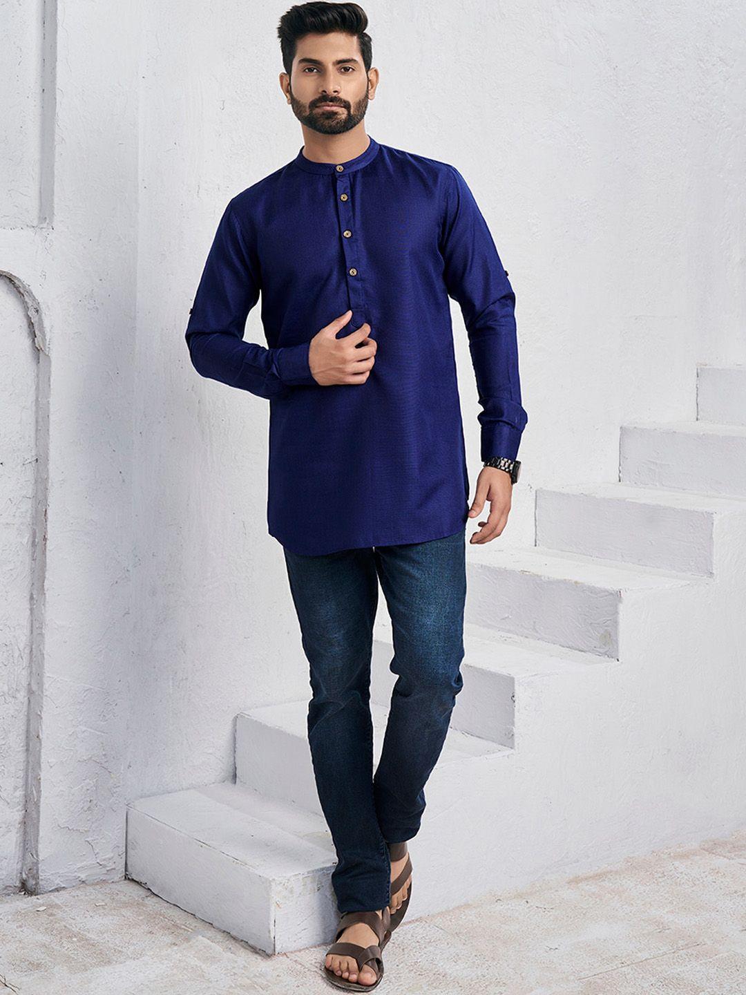 inddus mandarin collar roll up sleeves straight short kurta