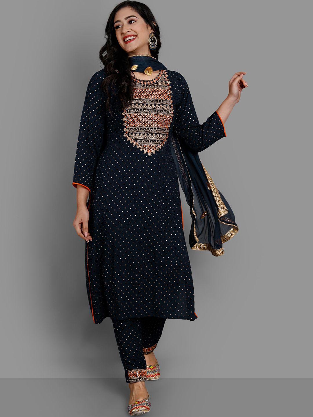 kalini ethnic motifs printed mirror work straight kurta & trousers with dupatta