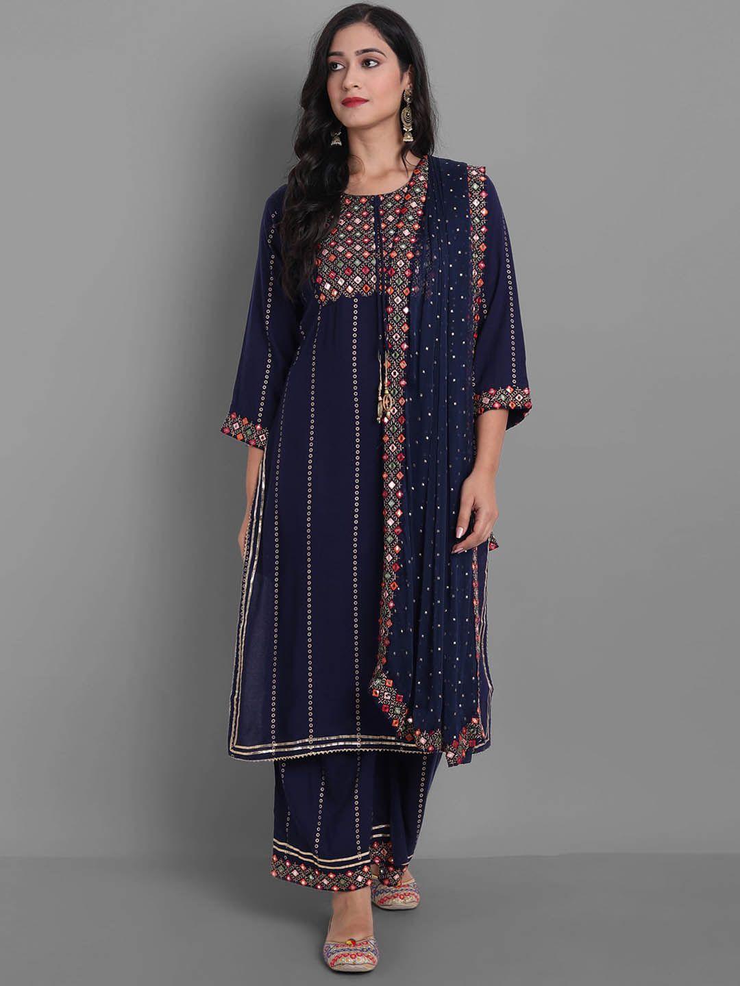 kalini mirror work embellished kurta with palazzos & with dupatta