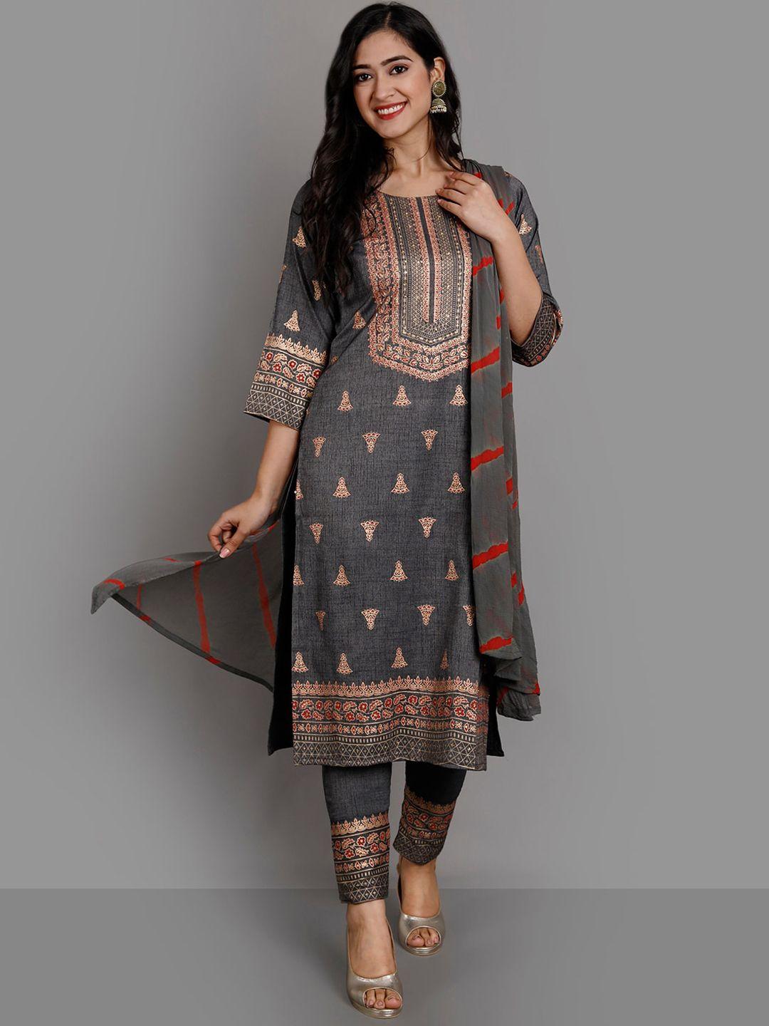 kalini ethnic motifs printed straight kurta & trousers with dupatta