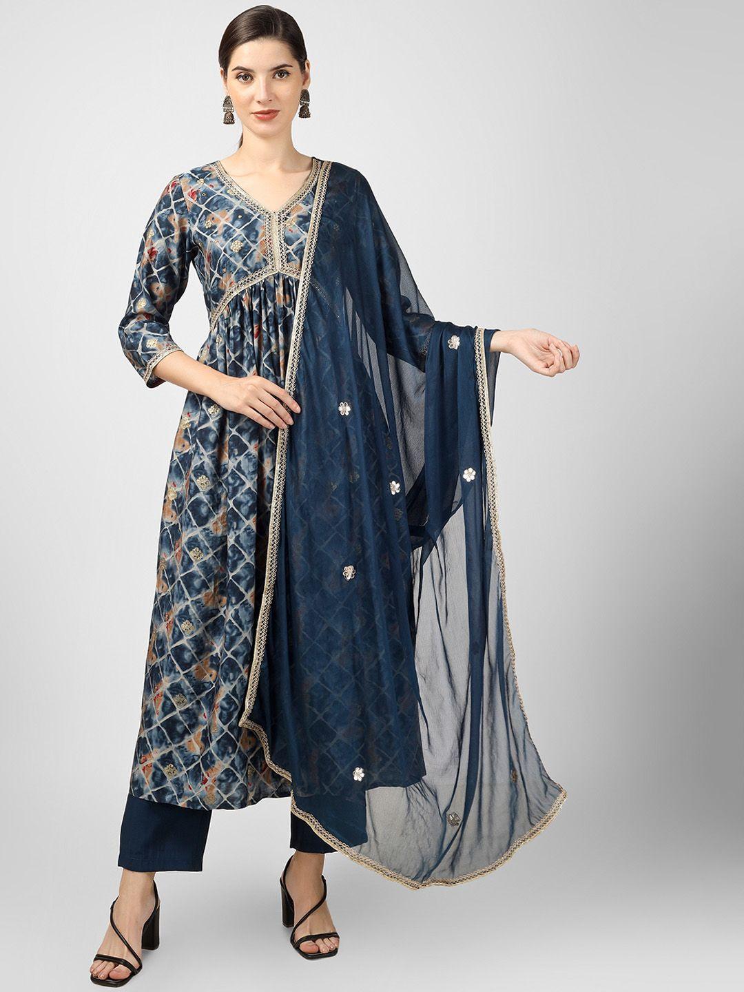 celebravo abstract printed threadi work chanderi silk kurta with trousers & dupatta