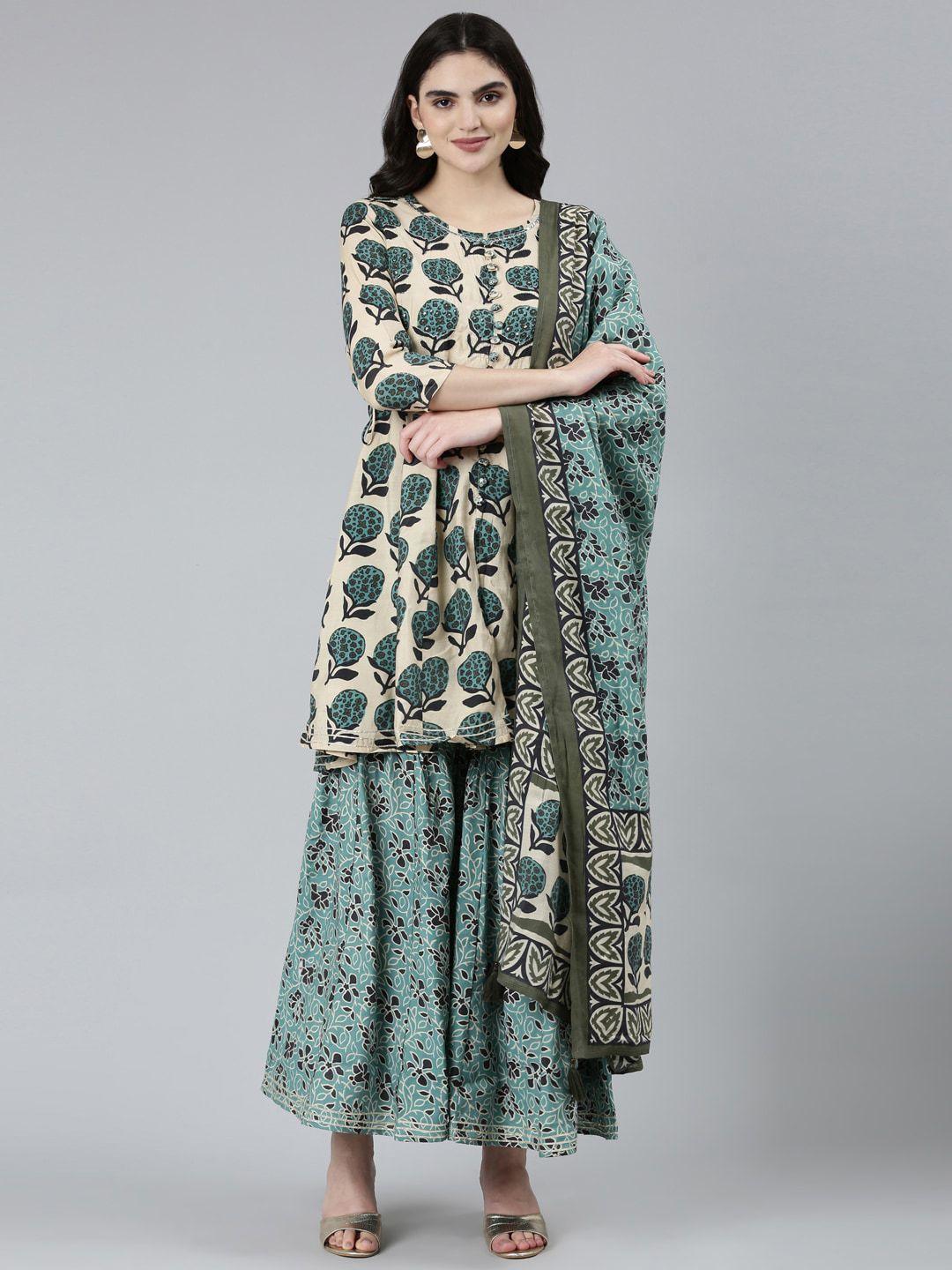 neerus floral printed regular sequinned raw silk kurti with sharara & with dupatta