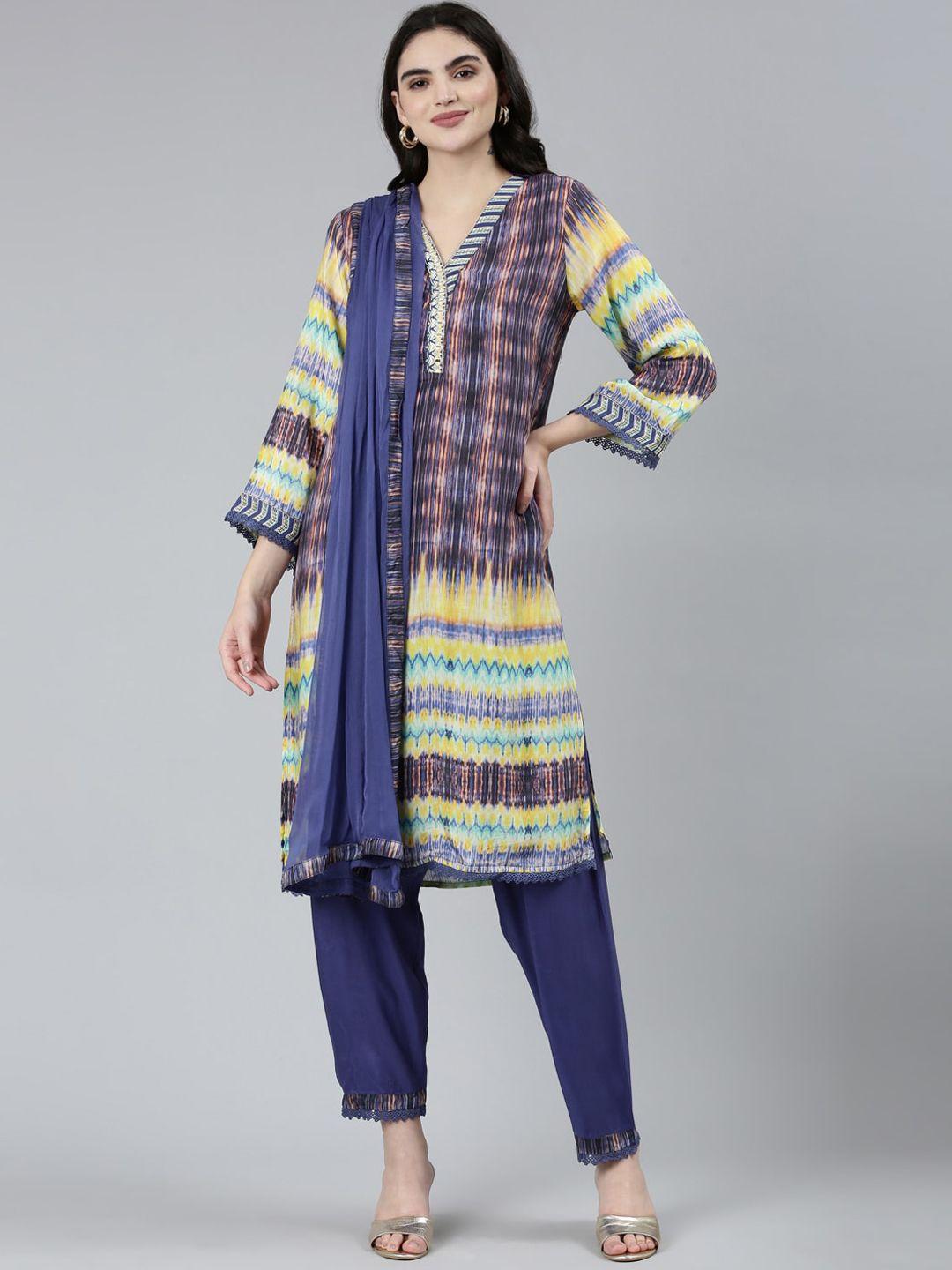 neerus printed regular thread work kurta with trousers & dupatta