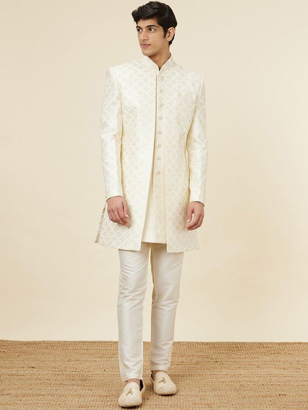 manyavar self design art silk sherwani with trouser