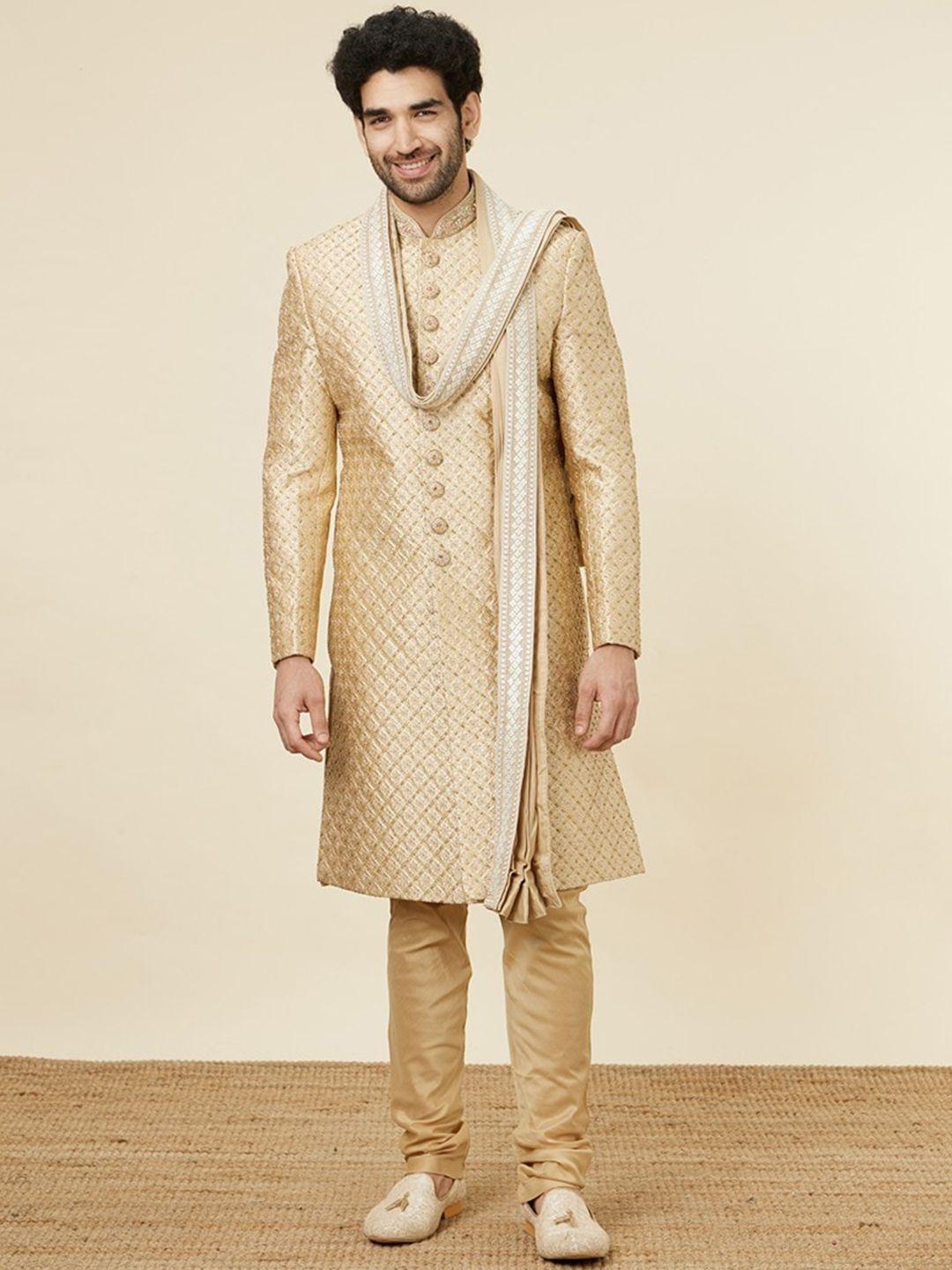 manyavar embroidered art silk indo western sherwani set