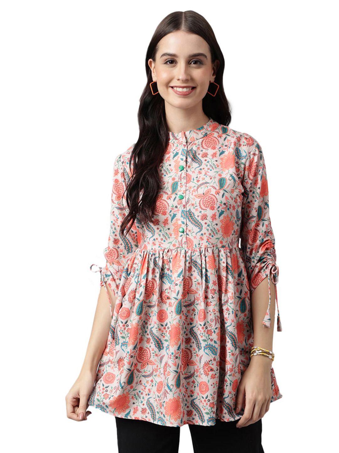 nimayaa orange floral print mandarin collar top