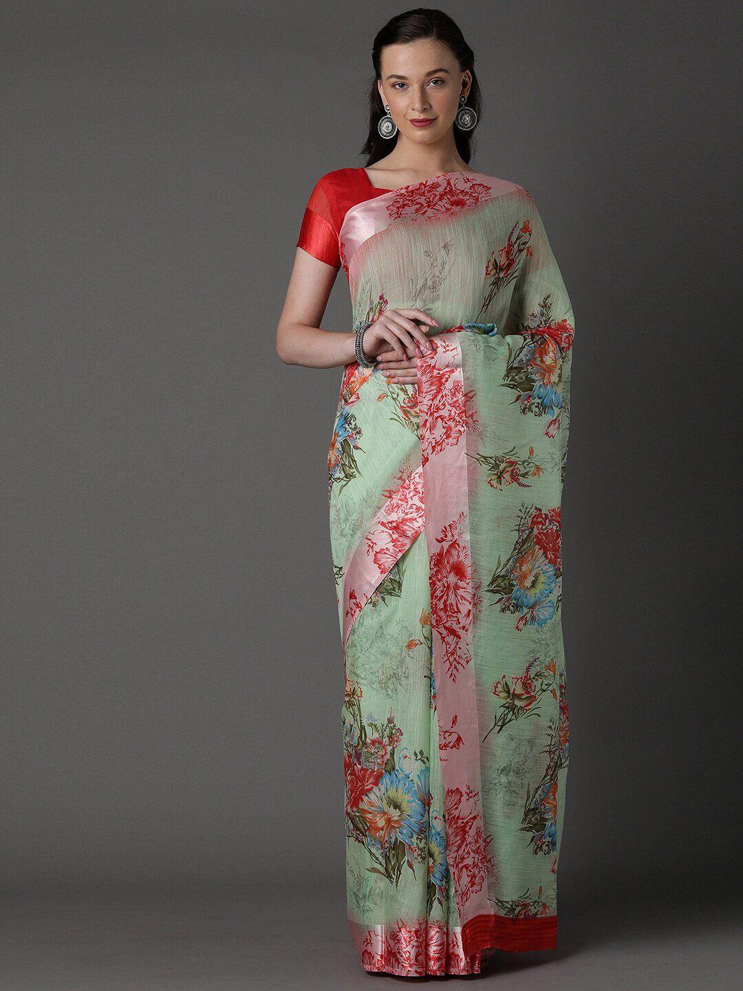 anouk green & red floral printed pure linen saree