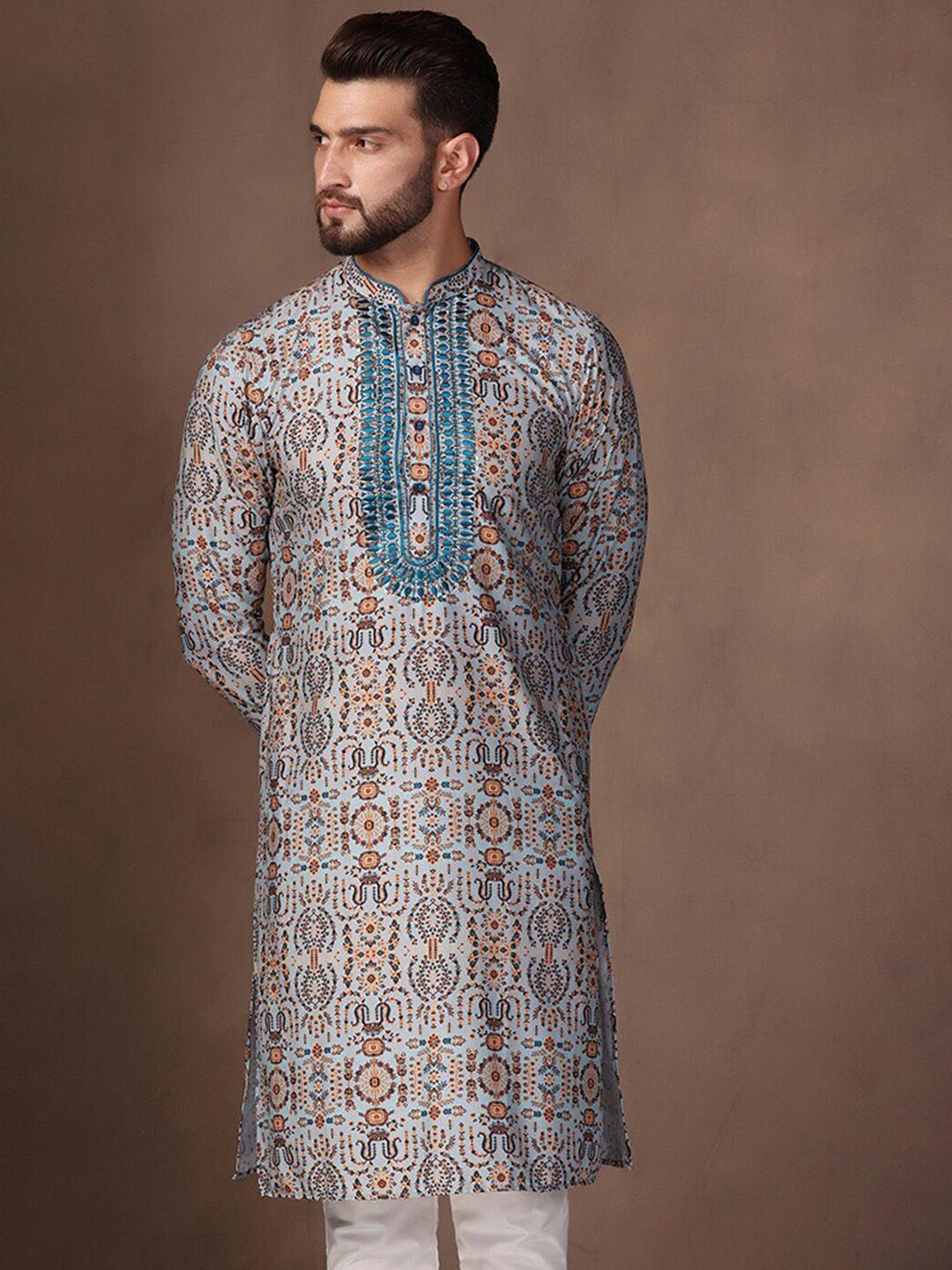 kisah ethnic motifs printed thread work mandarin collar kurta