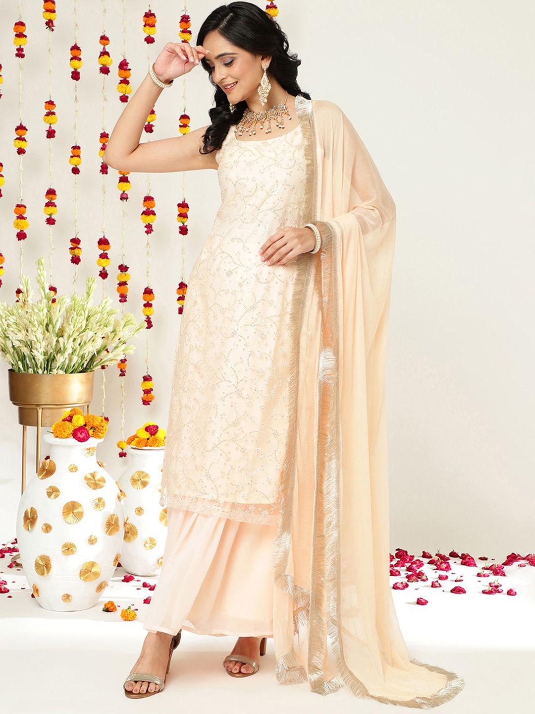 varanga floral embroidered sequinned straight kurta & sharara with dupatta