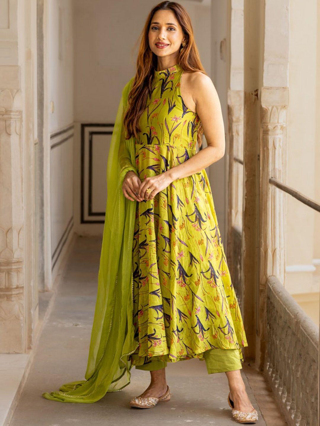 ambraee floral printed regular chanderi silk kurta with trousers & dupatta