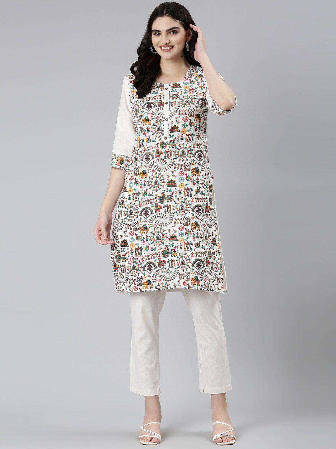 marcia abstract printed round neck straight cotton kurta