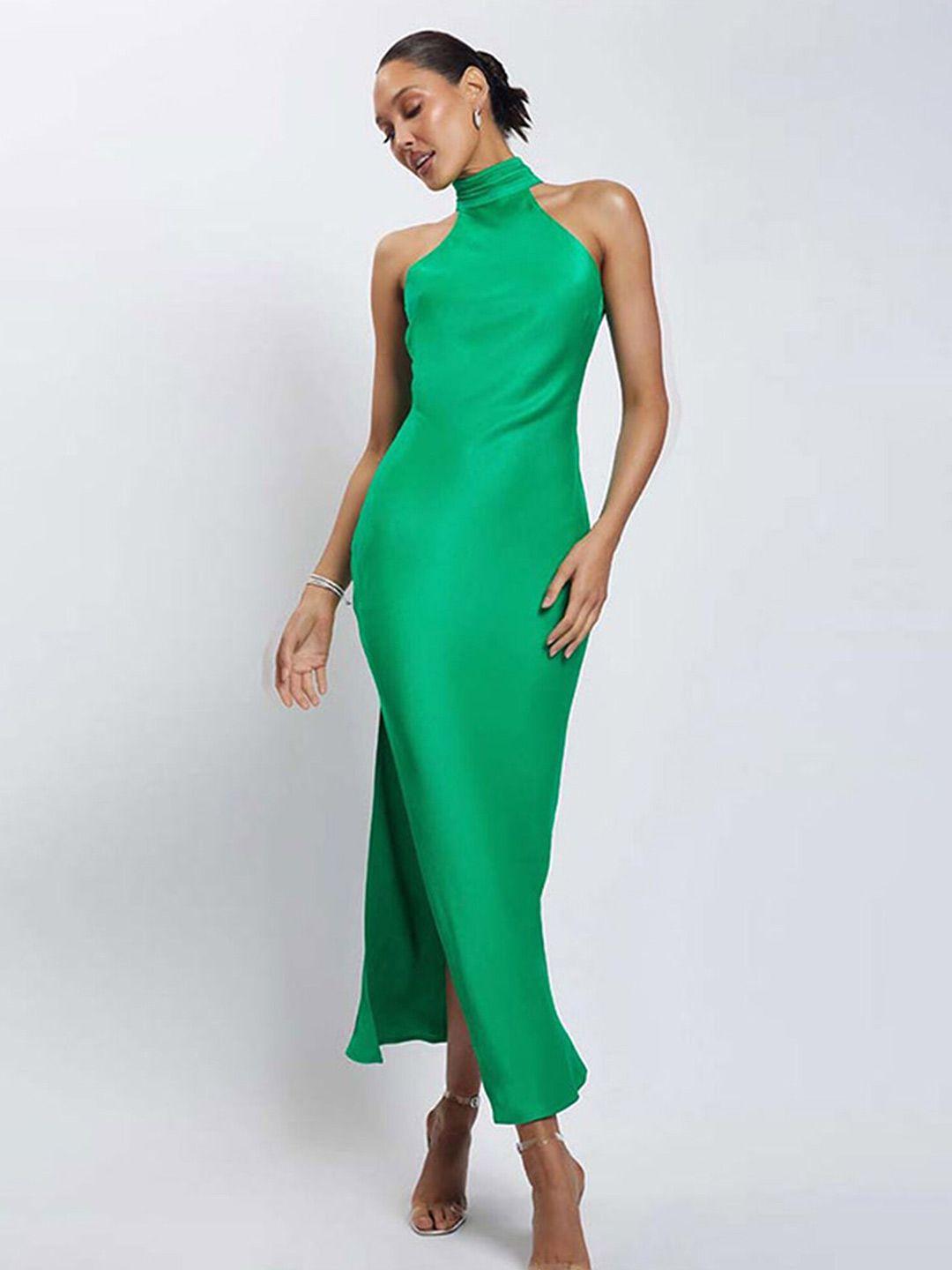 lulu & sky halter neck backless detail slit maxi sheath dress