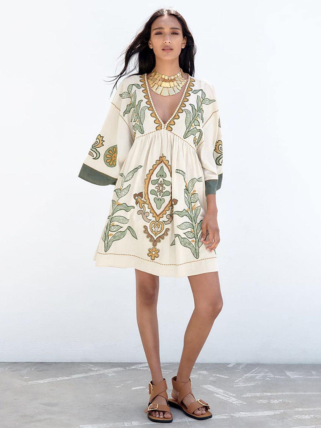 lulu & sky ethnic motifs printed flared sleeve a-line dress