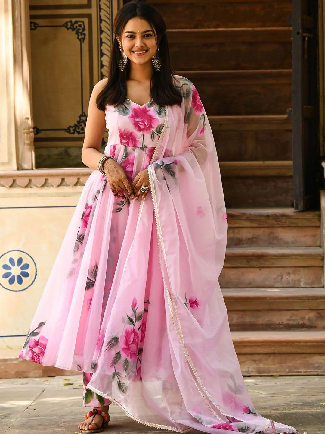 kalini floral printed v-neck gotta patti organza anarkali kurta with trousers & dupatta