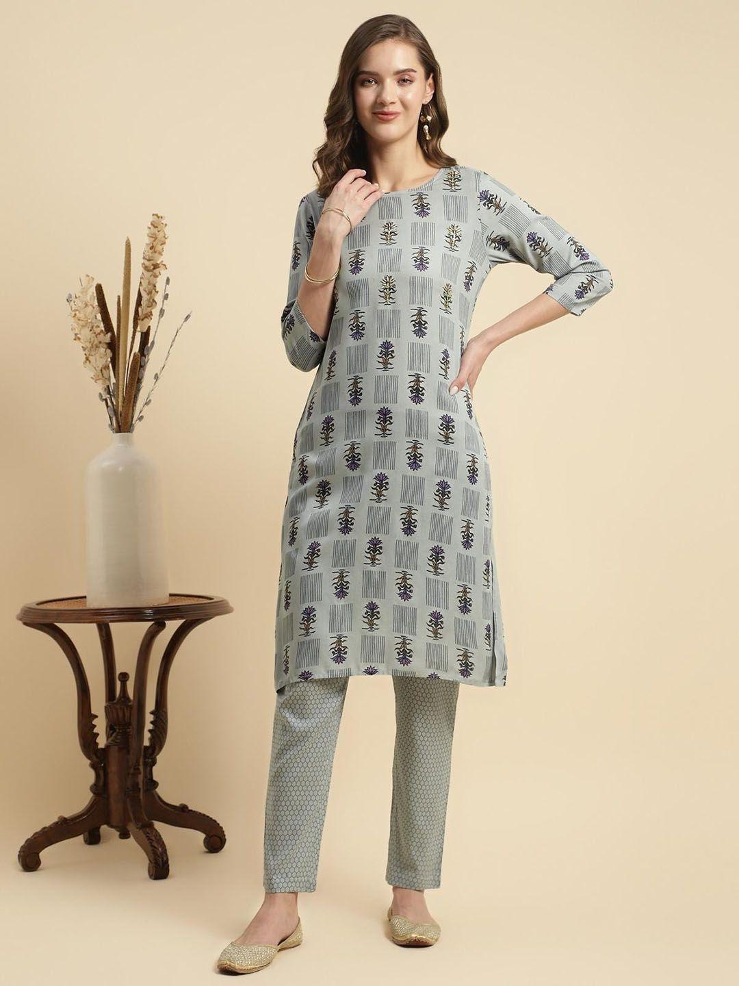 rangita floral printed round neck straight kurta with trousers