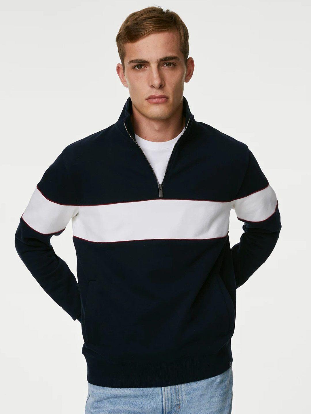 marks & spencer colourblocked mock collar half zipper pure cotton pullover sweatshirt