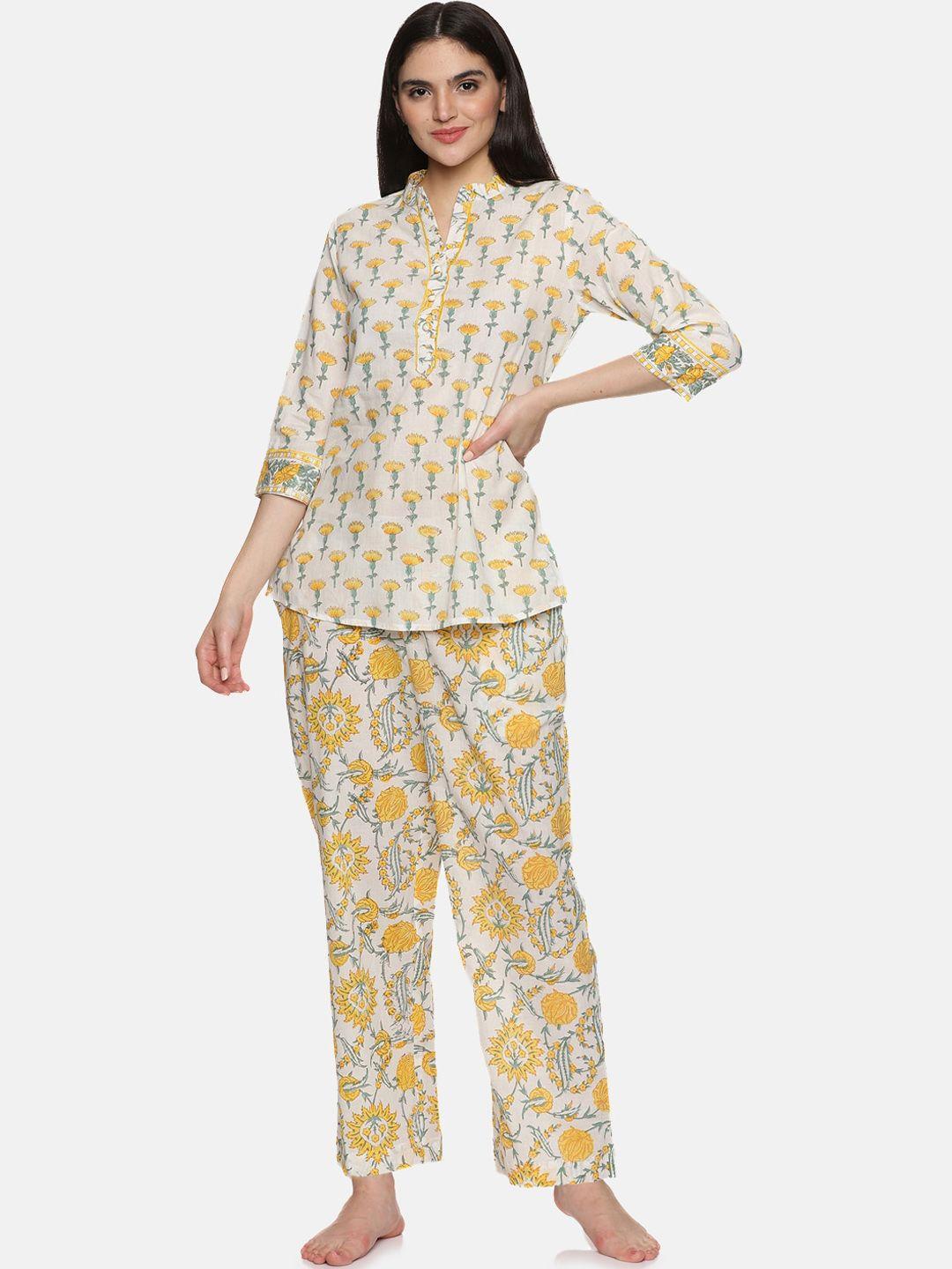 jaipuribanno women yellow floral printed regular pure cotton kurti with trousers