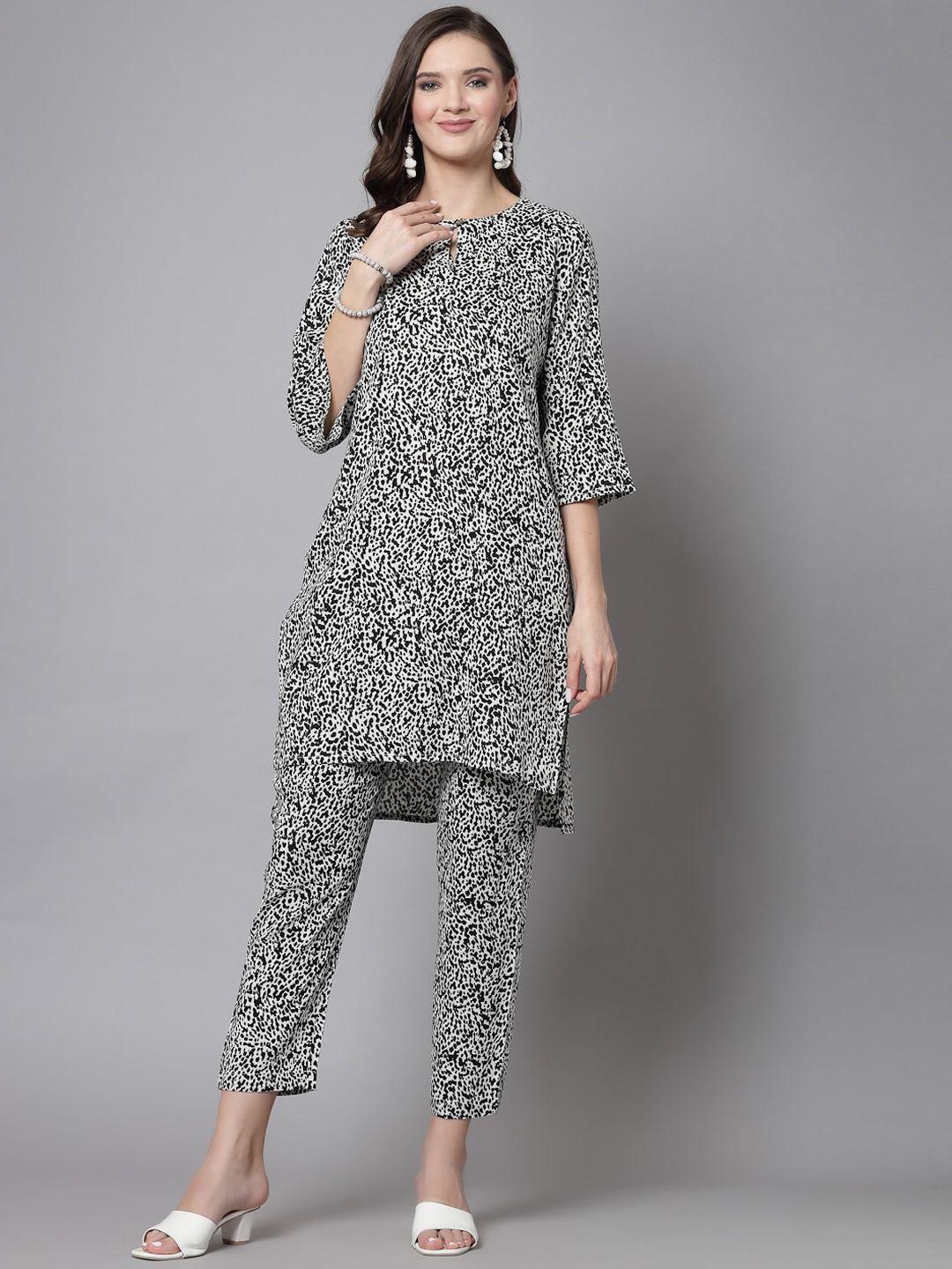 kipek black animal printed keyhole neck regular kurta with trousers