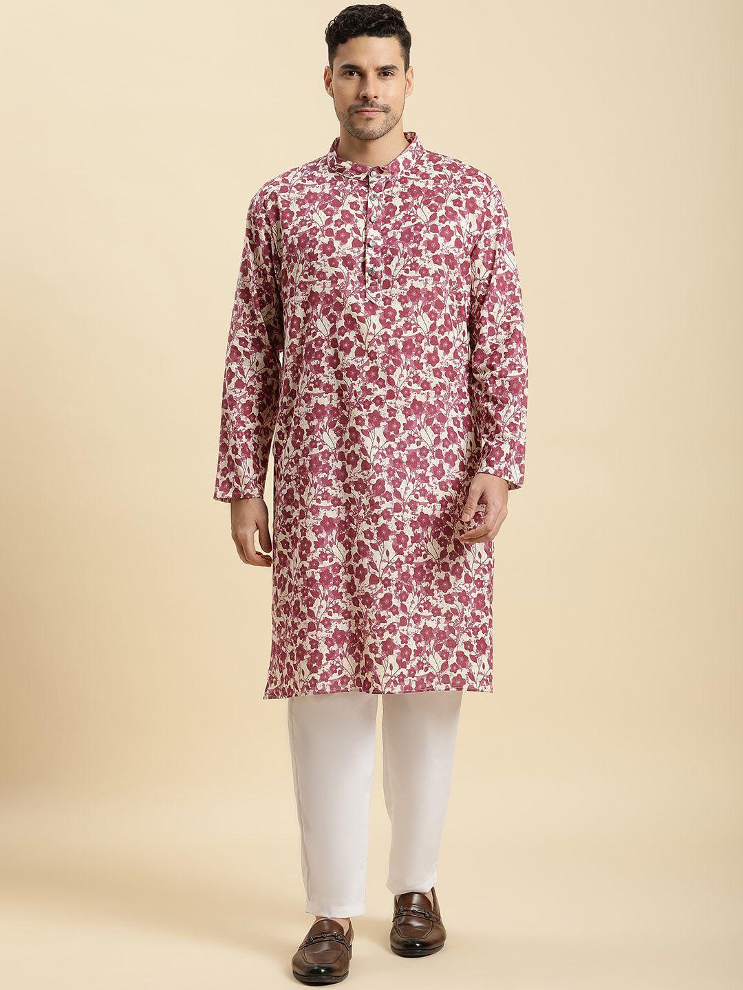 stuffie land men cream-coloured floral printed regular pure cotton kurta with pyjamas