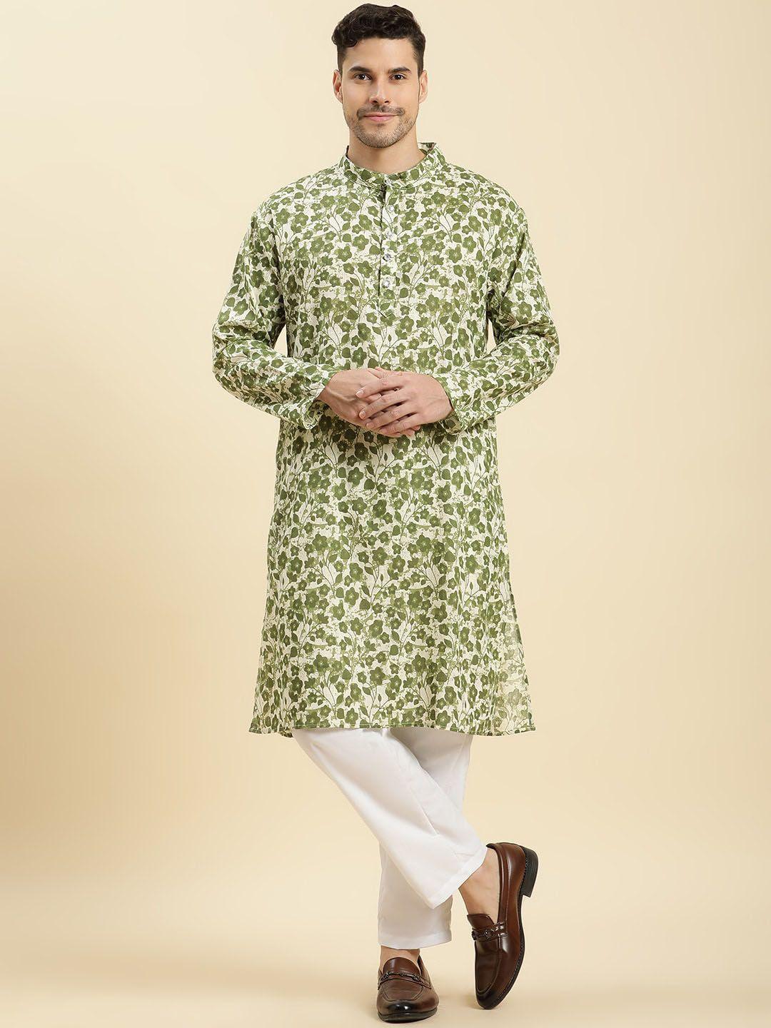 stuffie land men cream-coloured floral printed regular pure cotton kurta with pyjamas