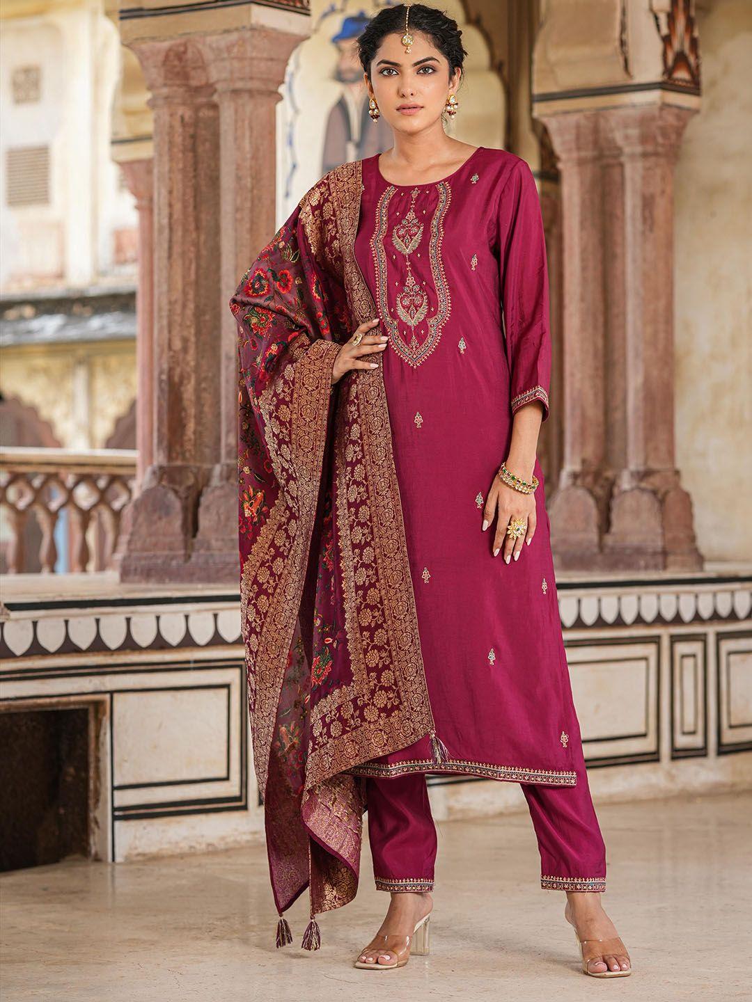 scakhi floral embroidered regular kurta with trousers & dupatta