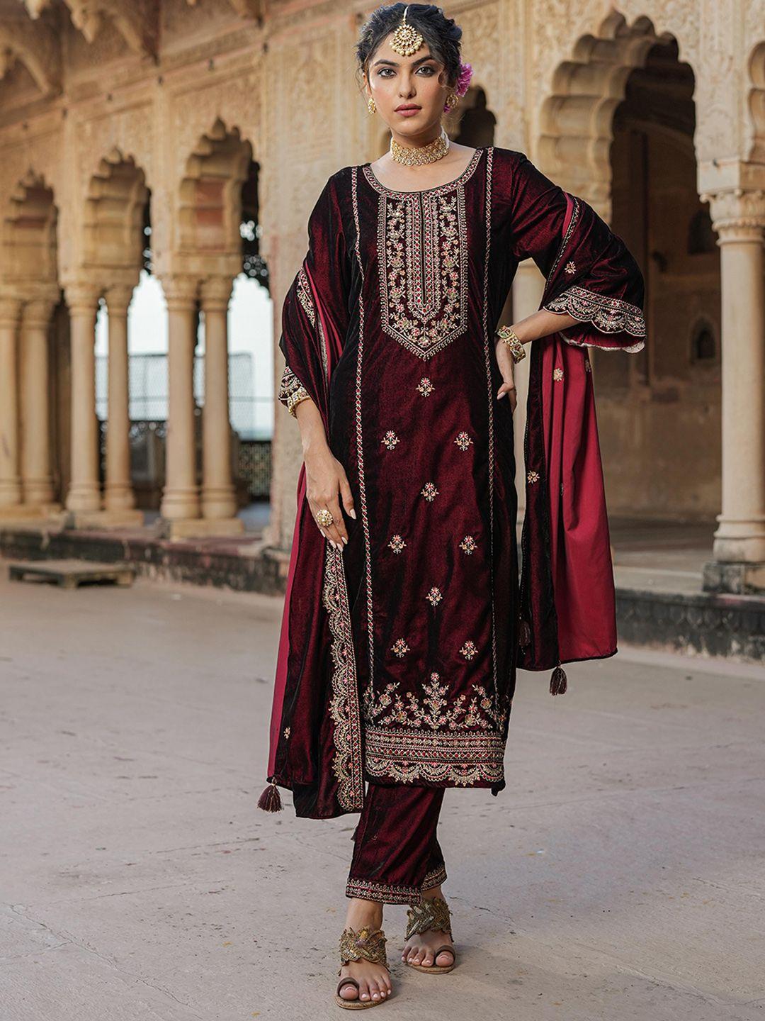 scakhi floral embroidered flared sleeves velvet straight kurta & trouser with dupatta