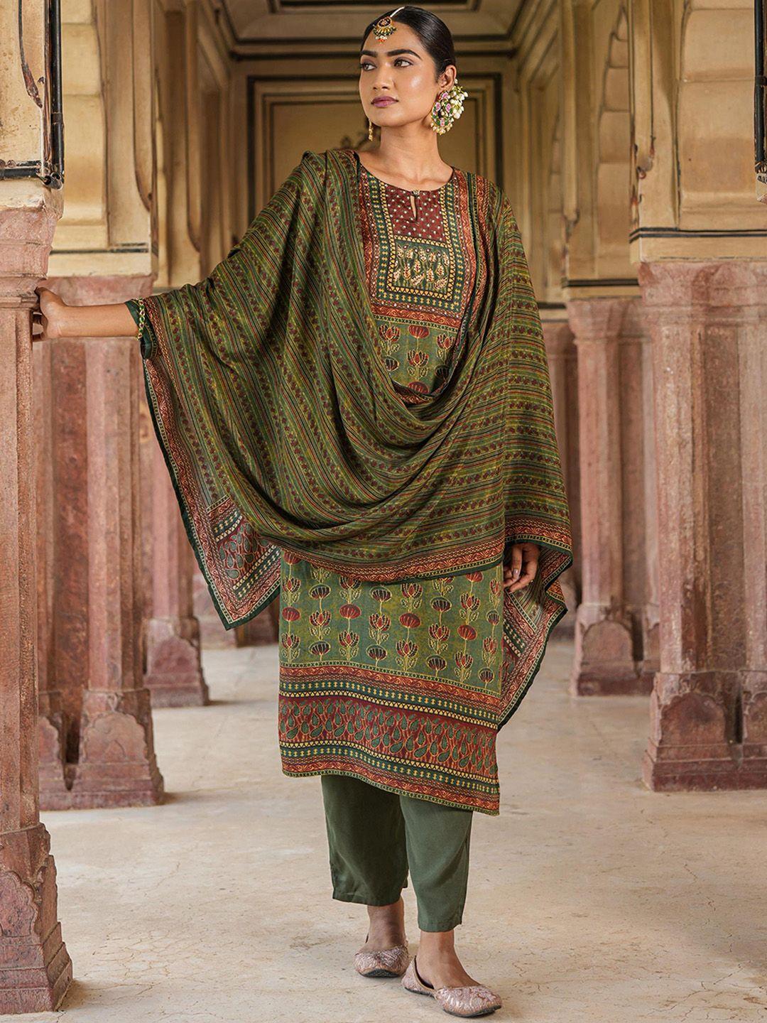 scakhi ethnic motifs printed pure silk straight kurta with trousers & dupatta