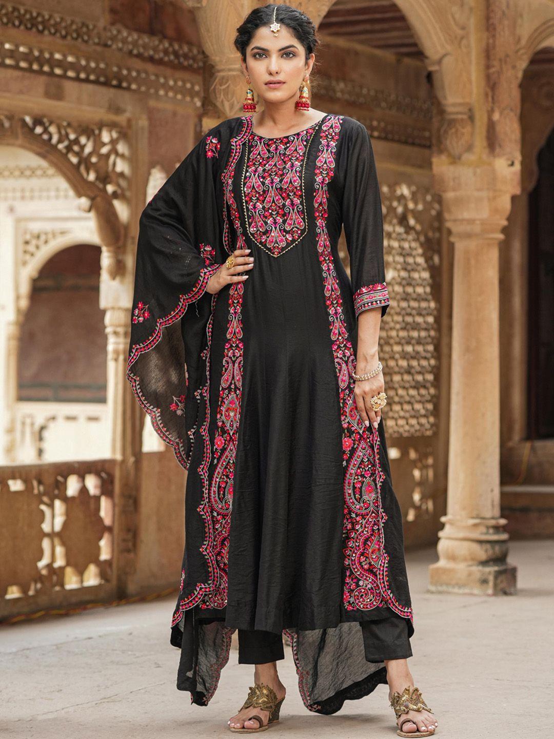 scakhi paisley embroidered chanderi silk kurta with trousers & dupatta