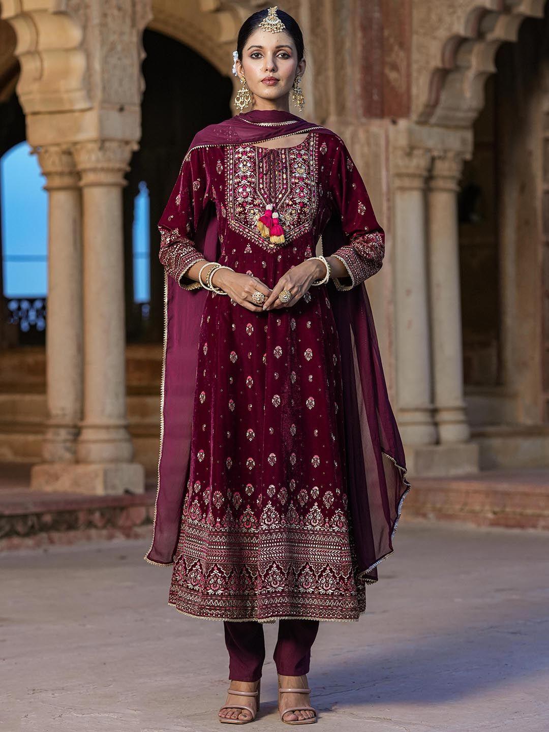 scakhi ethnic motifs yoke design thread work velvet anarkali kurta with trousers & dupatta