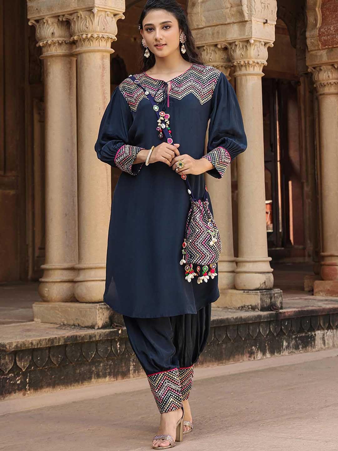 scakhi ethnic motifs embroidered regular sequinned silk crepe kurta with patiala & potli