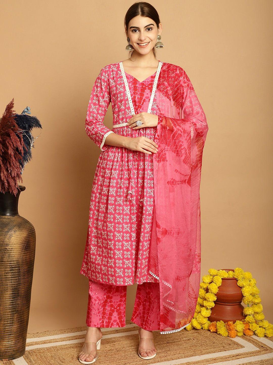 kalini ethnic motif printed regular pure cotton anarkali kurta & palazzos with dupatta