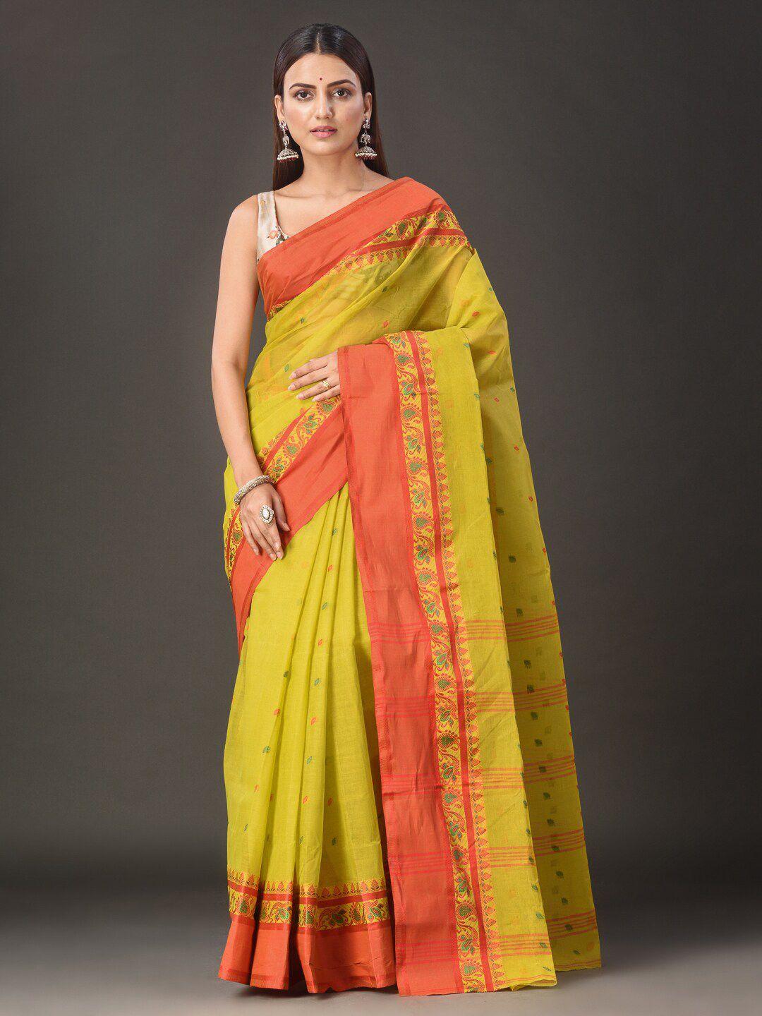 mitera lime green & orange woven design pure cotton taant saree