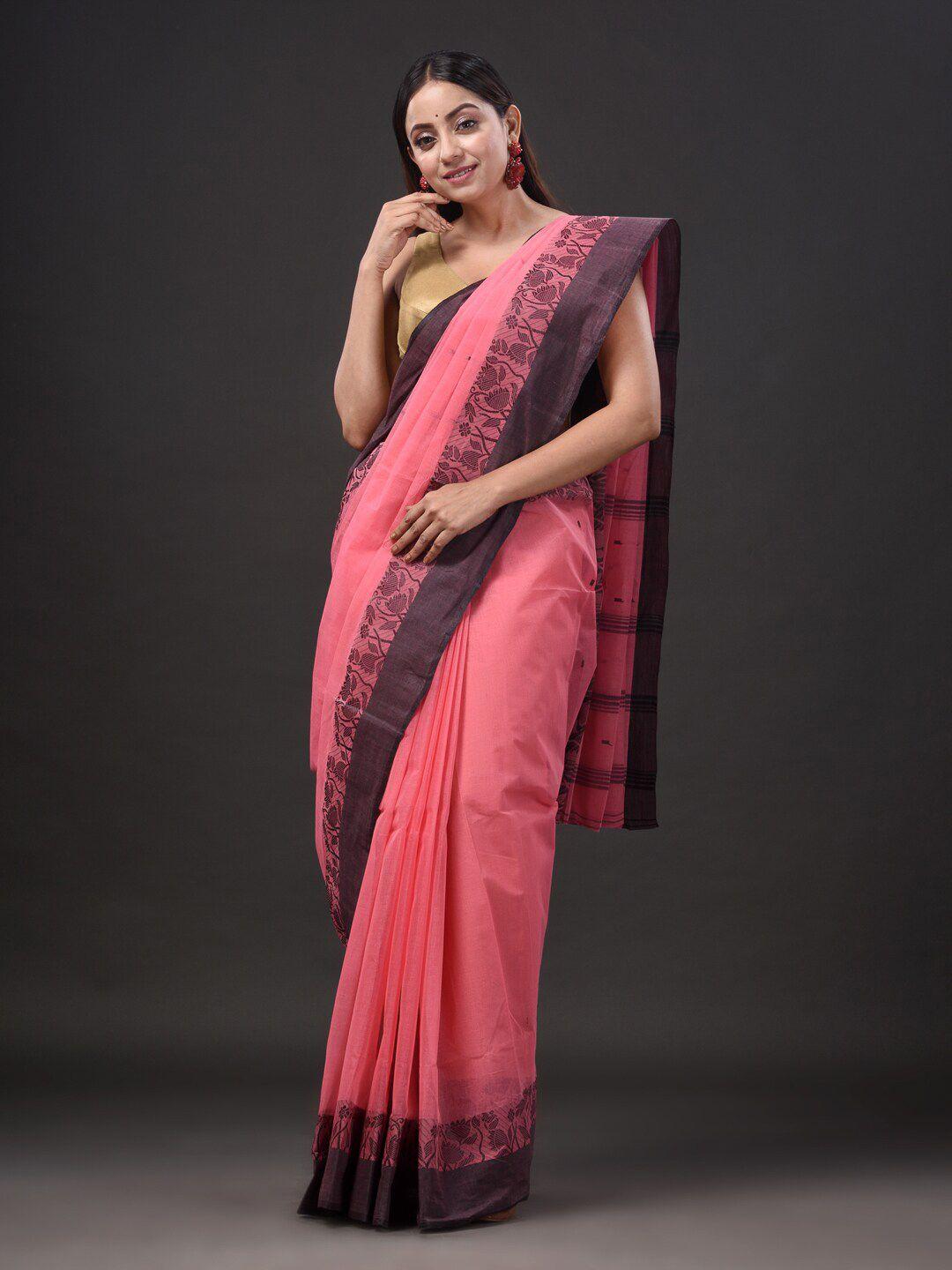 mitera peach-coloured & black pure cotton taant saree