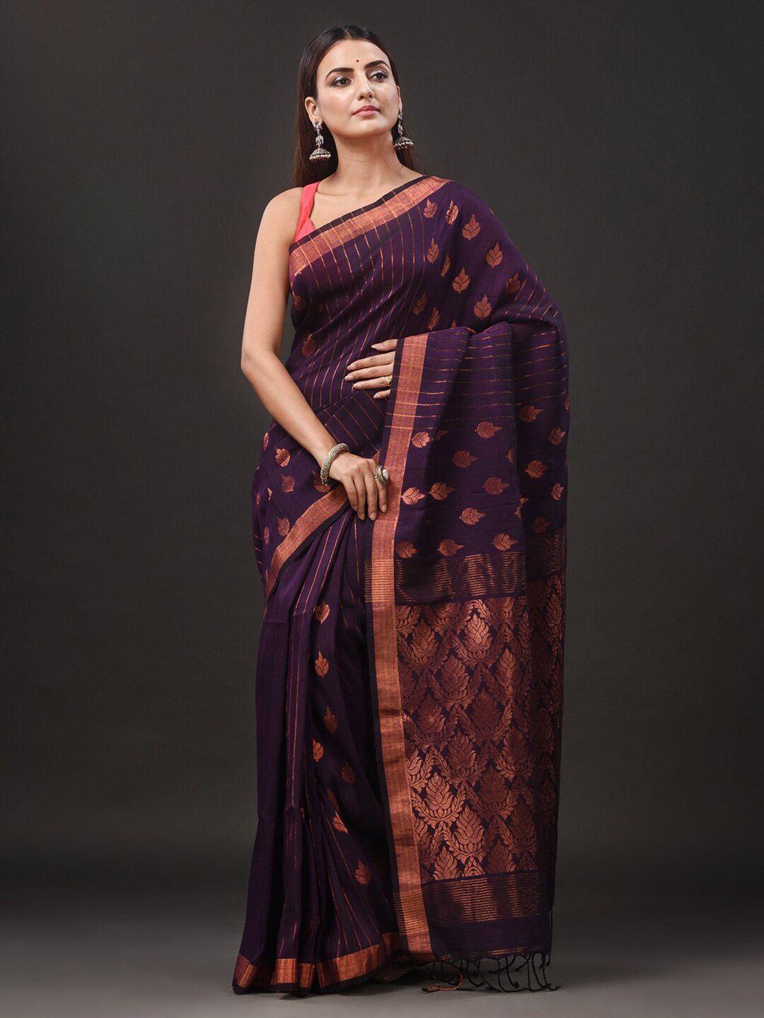 mitera purple & copper-toned ethnic motifs zari pure linen saree