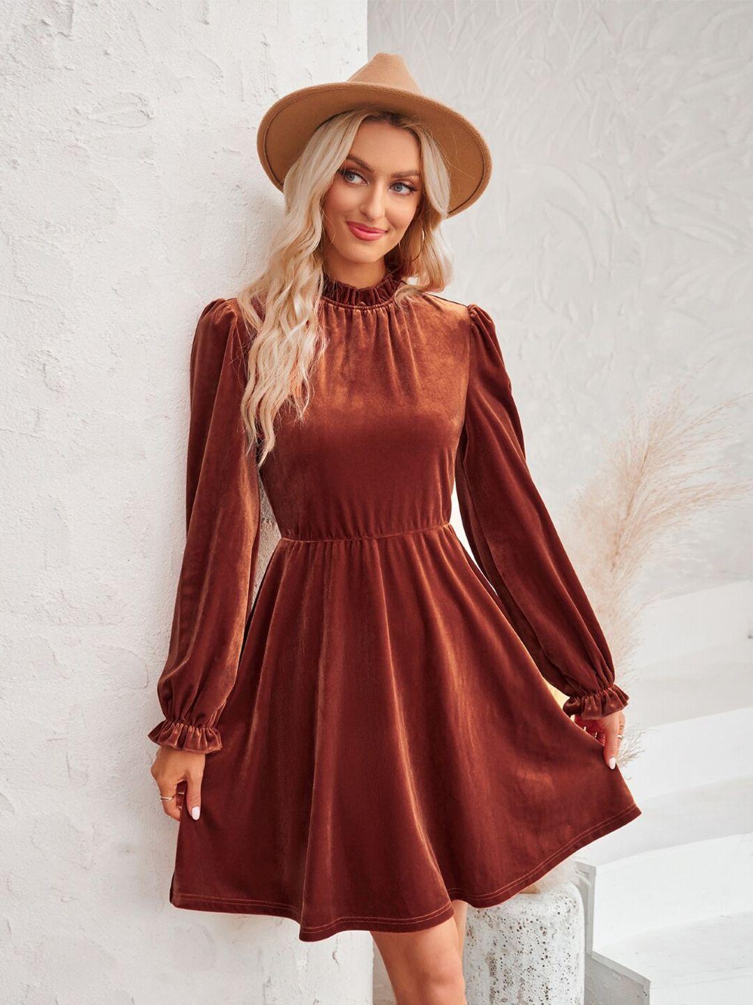 stylecast brown puff sleeve fit & flare dress