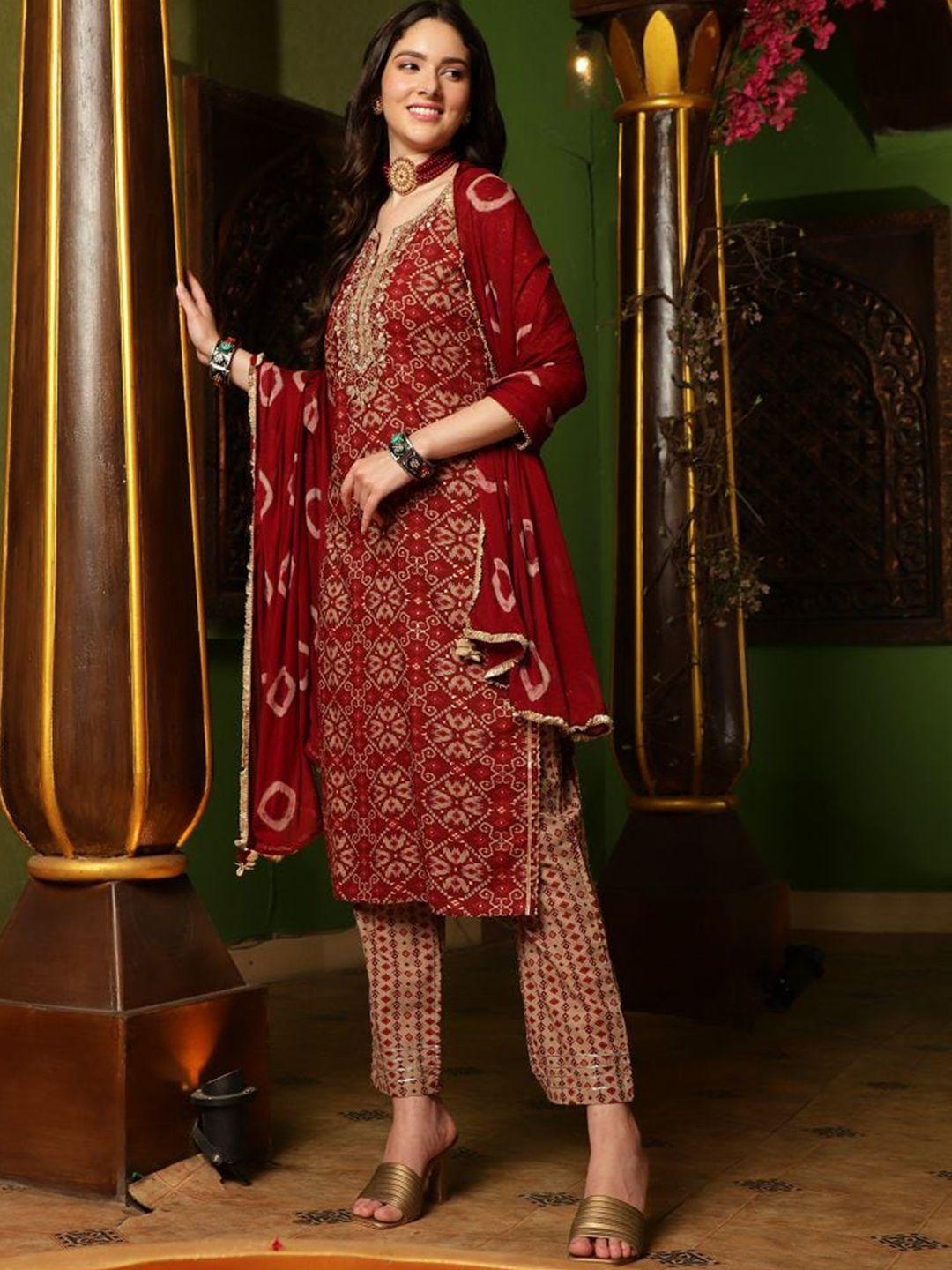 sangria printed gotta patti pure cotton straight kurta with trouser & dupatta