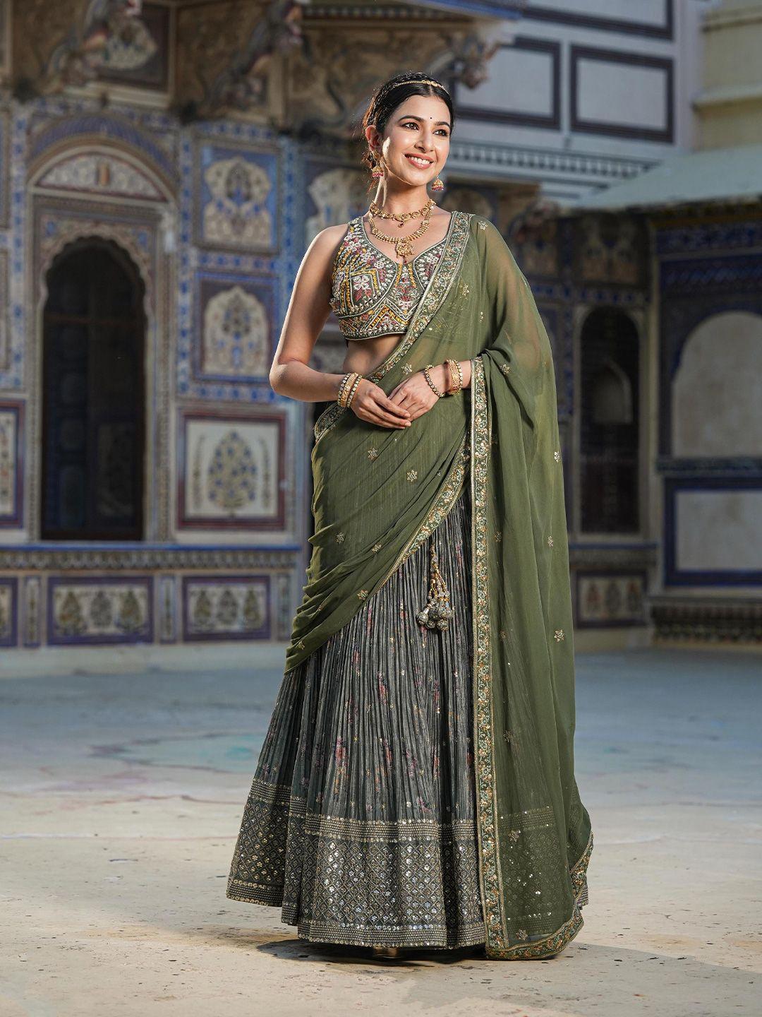 scakhi green & grey embroidered sequinned block print ready to wear lehenga & blouse with dupatta