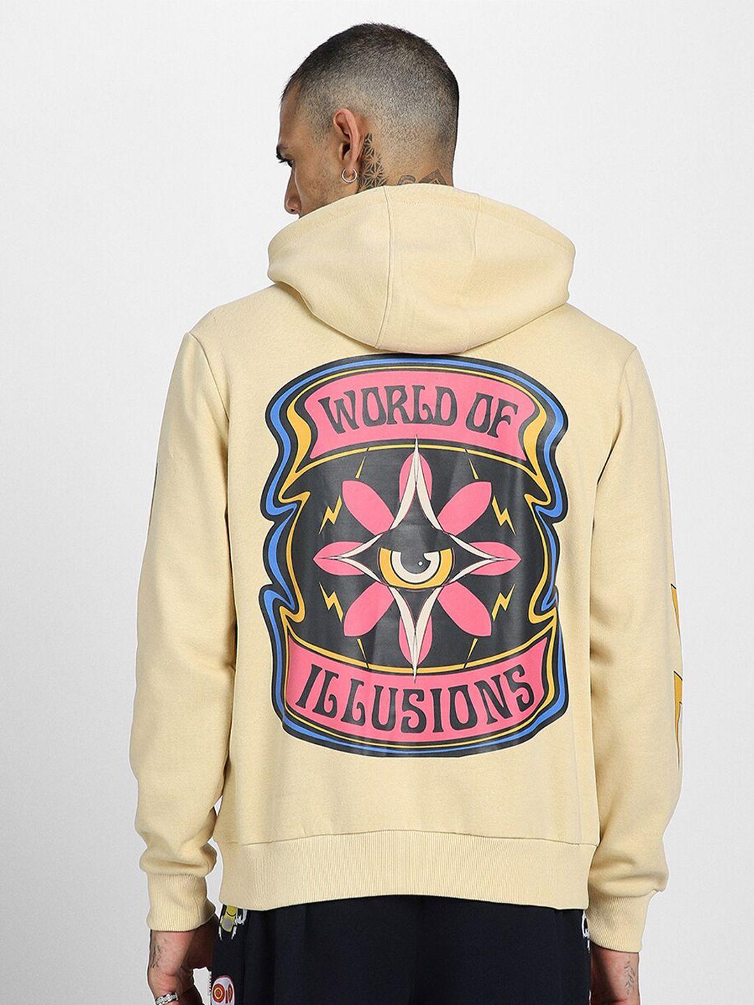 veirdo beige graphic printed hooded fleece pullover