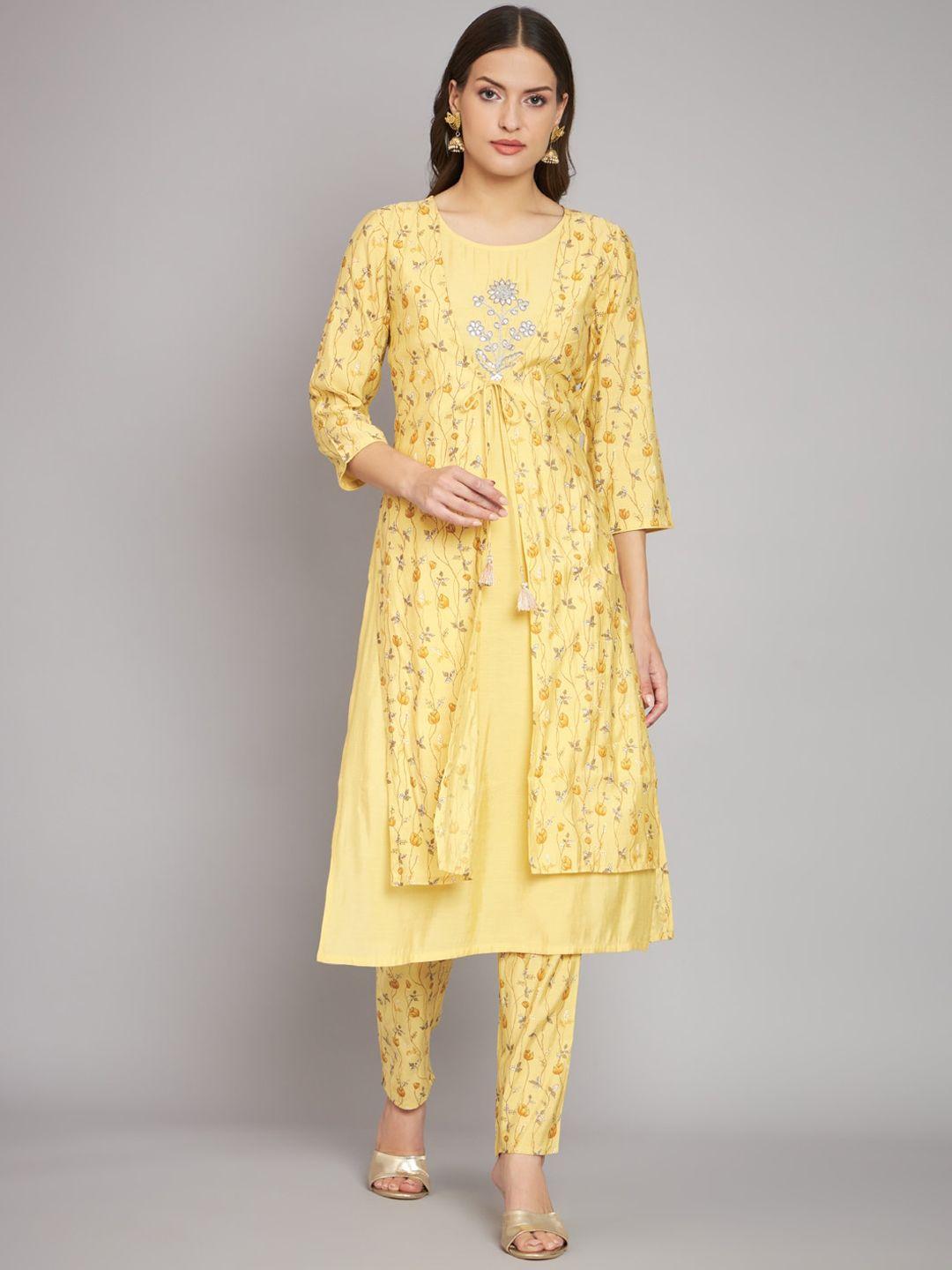 rangmayee floral printed chanderi cotton thread work layered kurta with trousers