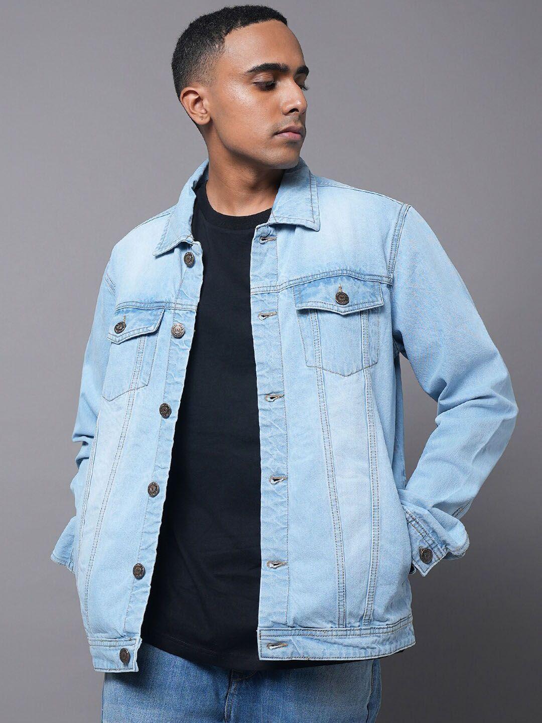 high star washed spread collar long sleeves denim jacket