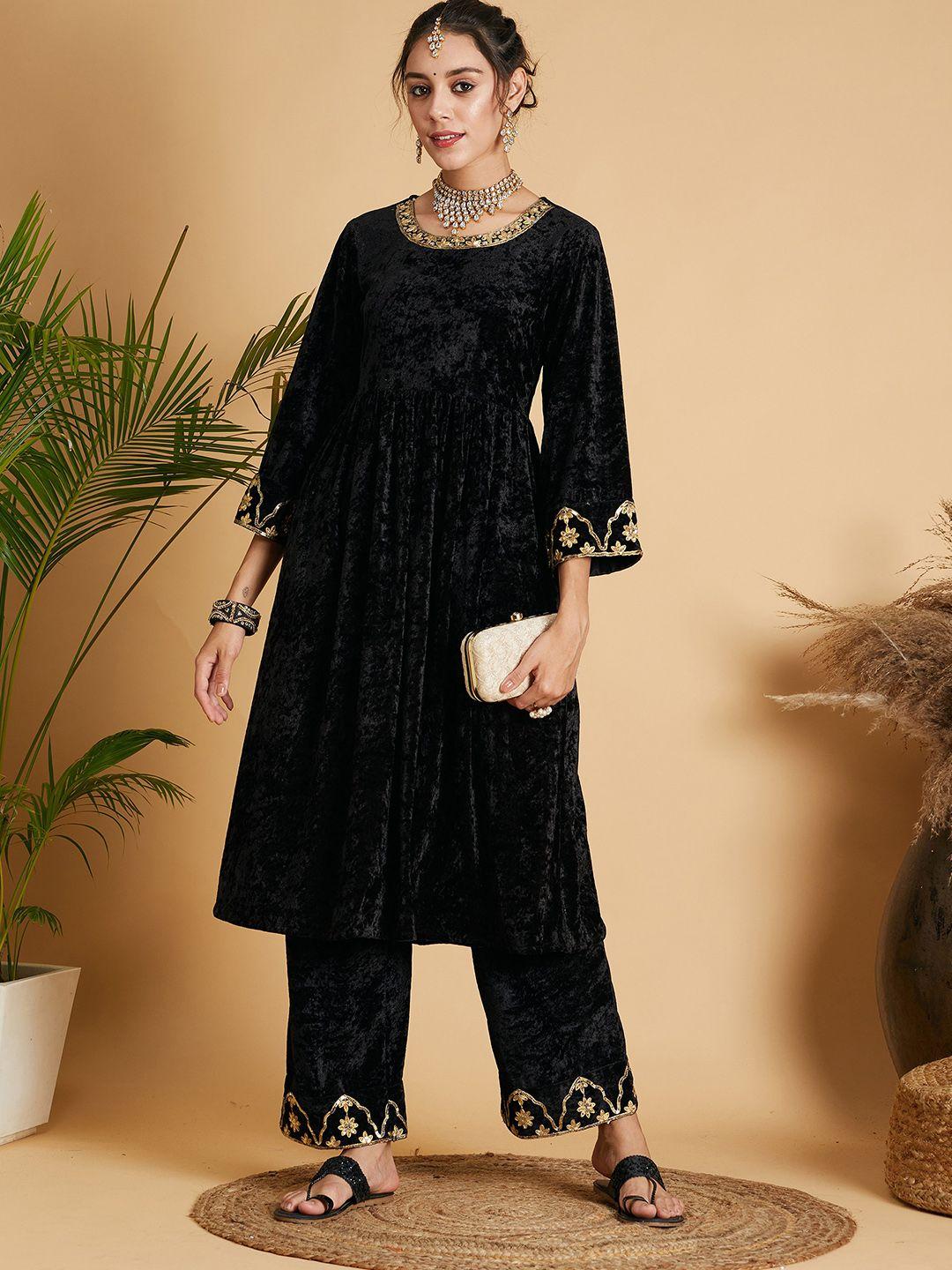 shae by sassafras thread work gathered velvet kurta