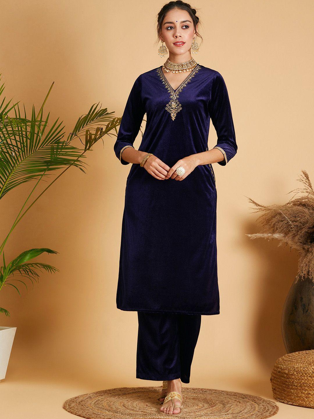 shae by sassafras navy blue floral yoke design sequinned velvet straight kurta