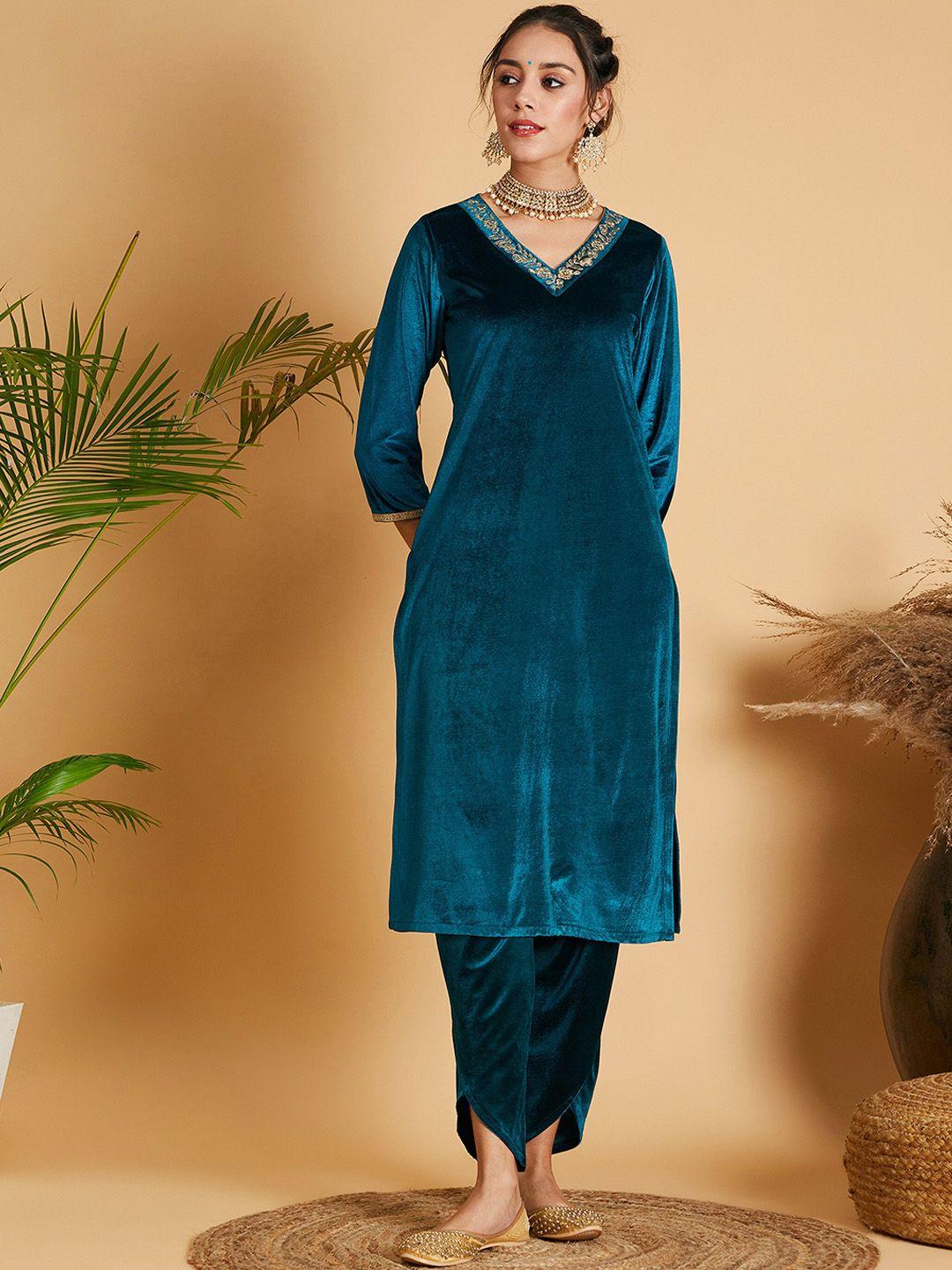 shae by sassafras floral embroidered v-neck zari detail velvet a-line kurta