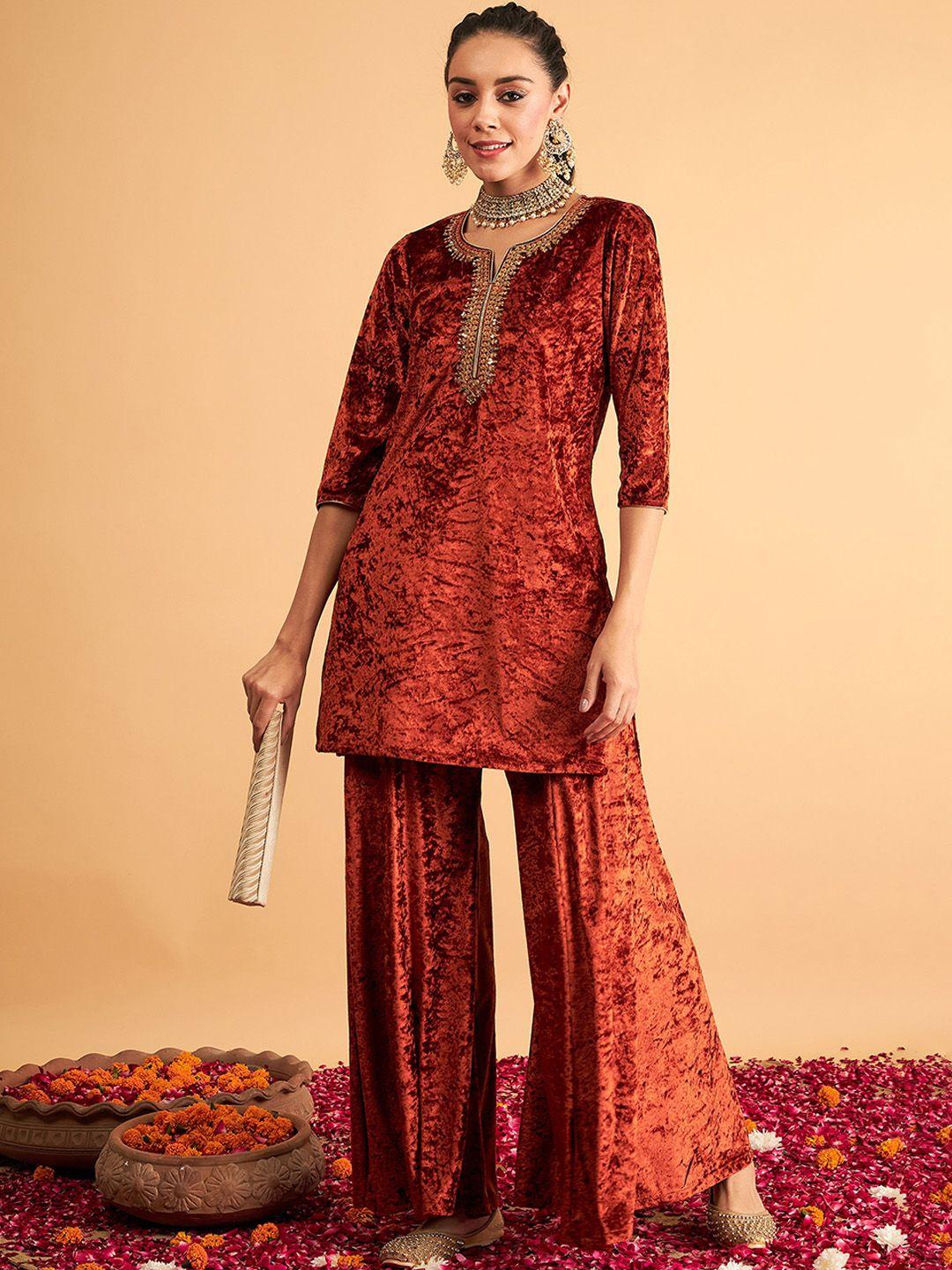 shae by sassafras thread work velvet kurta with palazzos